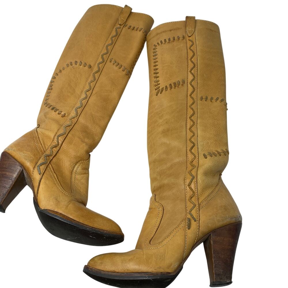 Vintage 70s The Wild Pair Leather Boots Womens 6.5 B Tan Western Boho Tall - Picture 2 of 10